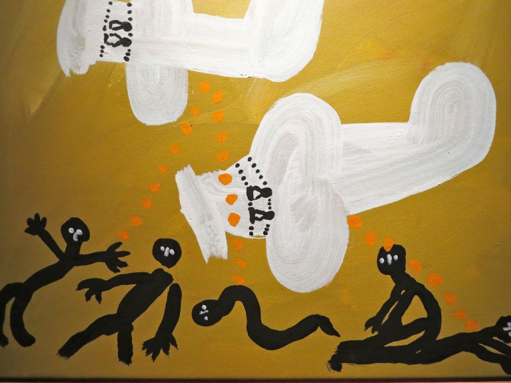 An Indigenous Artist depicts the bombing of Broome in World War 2.