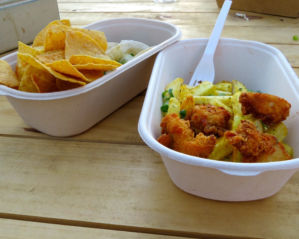 Popcorn chicken and calamari tacos at The Food Truck Park